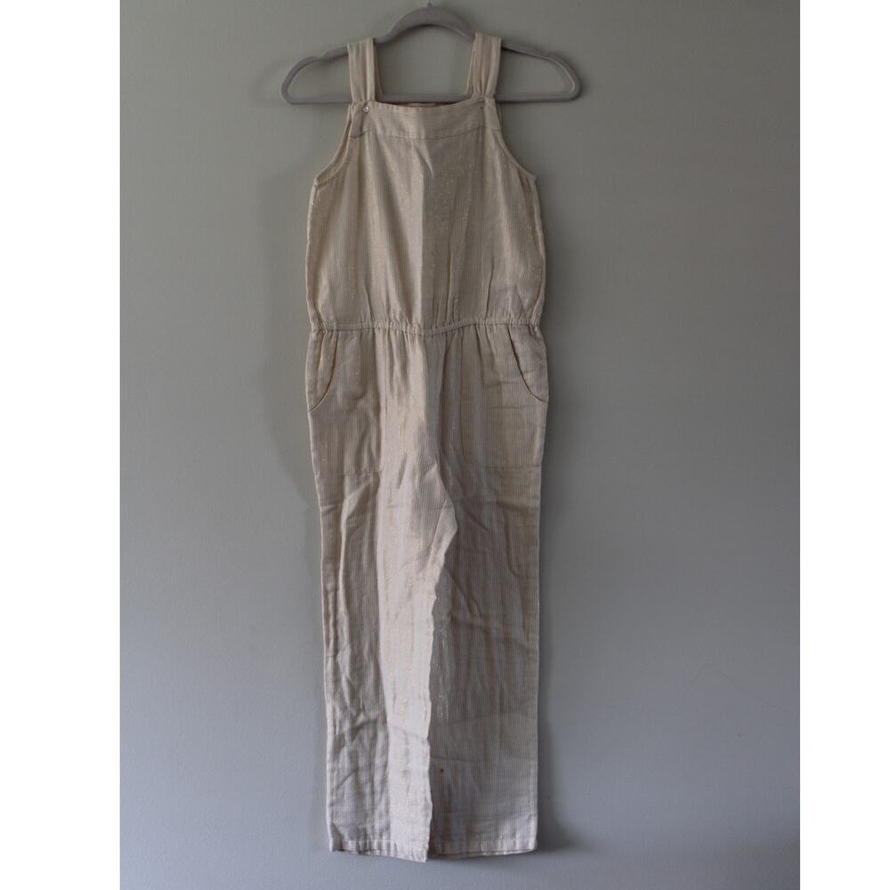 NWT Bonpoint Girls Sakura Overalls Cotton Jumpsuit Cream Metallic Gold Stripe 12